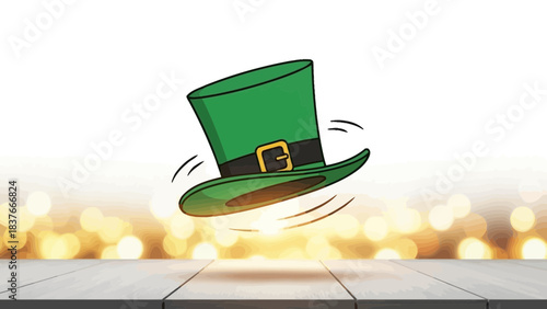A green leprechaun hat floating above a wooden surface with bokeh lights in the background