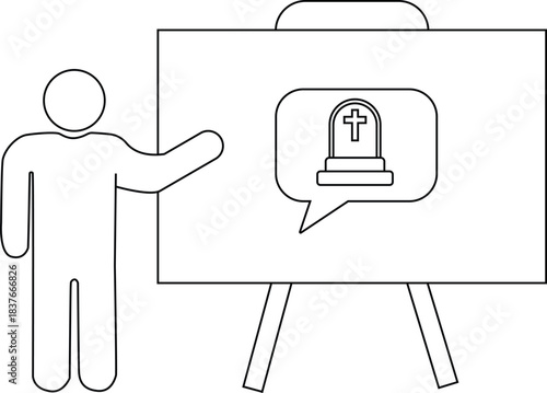 A person stands by a whiteboard with a gravestone inside a speech bubble