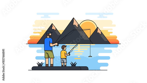 Father & son fishing, mountain backdrop, minimalist style illustration