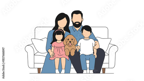 Family of four plus their dog, sit together on a couch with solid fill and outlined in black
