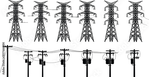 High-Voltage Electricity Transmission Towers and Urban Distribution Power Poles Vector Illustration, Depicting Essential Modern Energy Infrastructure, Network, and Utilities Isolated on