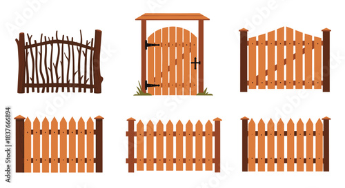 Set of various wooden fences and gates including a rustic twig fence a classic picket fence and a gate with an archway.