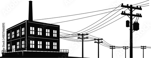 Industrial Revolution silhouette: Historic brick factory building black and white illustration graphic with tall smokestack and complex network of telephone