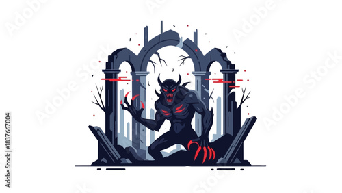 A horned, menacing demon stands before a ruined archway