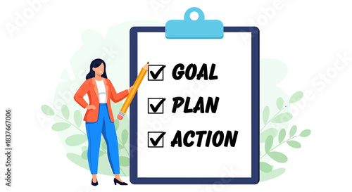 Strategic Accomplishment Flat vector illustration of a business woman checking off 'GOAL, PLAN, ACTION' on a clipboard, symbolizing successful planning and execution