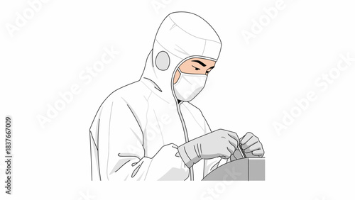 Illustrated figure in sterile suit and mask, working with detail near machine on a white background
