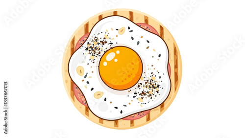 Cartoon illustration of a fried egg with seasonings on a grilled bread slice with sliced ham