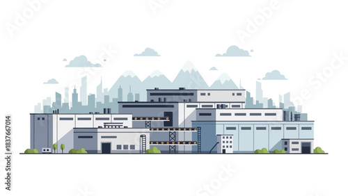 Cartoon illustration of a factory set against city and mountain background