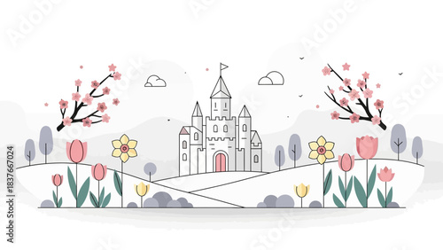 Illustrated castle on a hill surrounded by spring flowers and trees on a white background