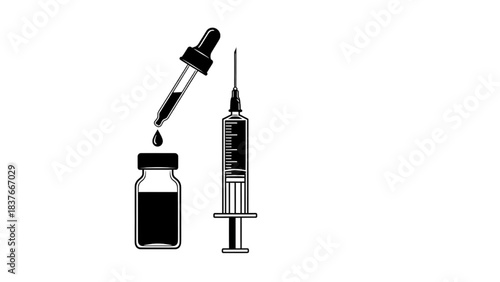 Black silhouette line art of syringe, vaccine vial, and dropper in a clean medical infographic composition