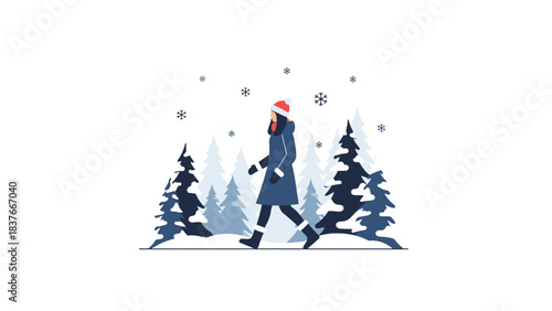 Figure walks through a simplified forest with falling snow, wearing winter attire against a white background