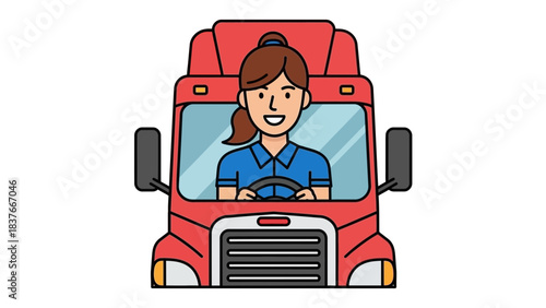 Cartoon illustration of a smiling woman driving a red semi-truck on a white background