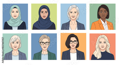 Diverse professional women flat vector avatars collection, featuring various ethnicities and ages suitable for business profiles, user interfaces, and global team representation