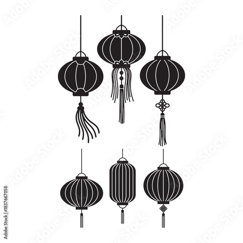 Intricate Lantern Collection: Hanging Lanterns with Various Shapes, Tasseled Details, and Elegant Silhouettes