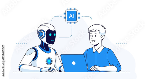 Human-Robot Collaboration with Advanced AI Chip on Laptop, Illustrated in Modern Flat Vector Style for Technology Concepts