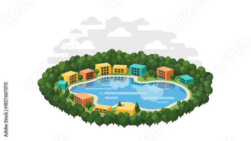 Cartoon illustration of buildings arranged around a blue lake and surrounded by green trees, sky with clouds