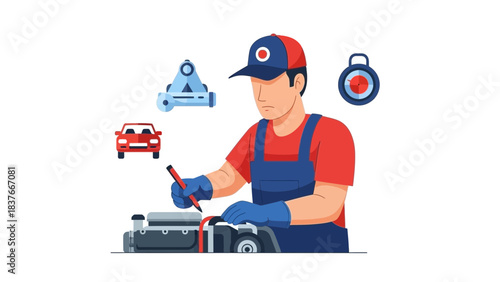Illustrated mechanic in overalls working on engine with red pen, car, gauge, lift, white background