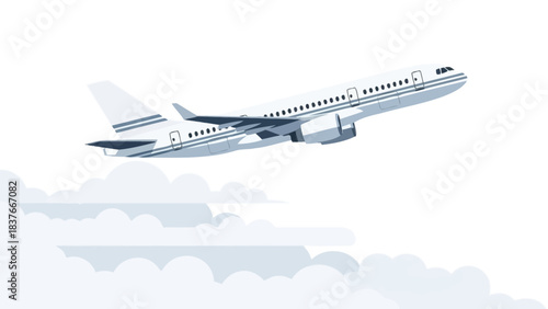 A light blue and white airplane ascending against a cloudy sky