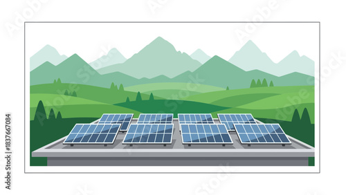 Cartoon illustration of solar panels on a rooftop, with green hills and mountains in the background