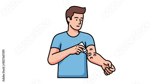 Illustrated man applying cream to irritated skin on his arm, against a white background