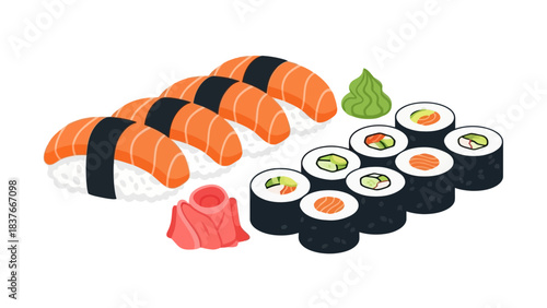 Cartoon illustration of salmon nigiri, maki rolls, pickled ginger, and wasabi on a white background