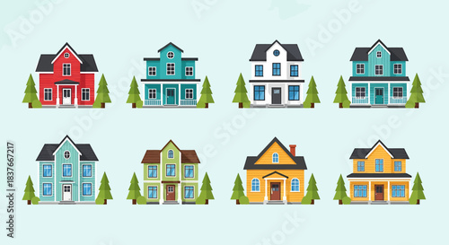 Colorful flat vector houses set, showcasing diverse residential architecture. Ideal cartoon homes for real estate, urban planning, and neighborhood design projects