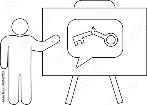 Line art shows a person presenting a whiteboard with a broken key icon inside a speech bubble
