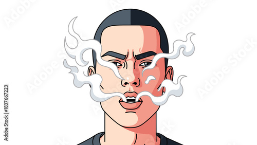 Cartoon man with smoke emanating from his mouth, looking intense