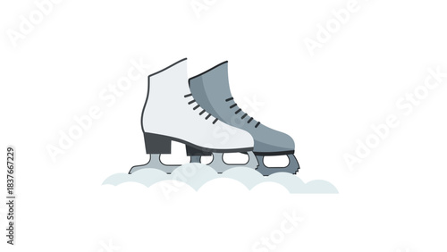A pair of ice skates, one white and one grey, are depicted on fluffy, stylized snow against a white background