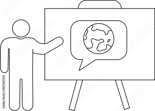 Line art depicts a figure presenting a whiteboard with a globe inside a speech bubble