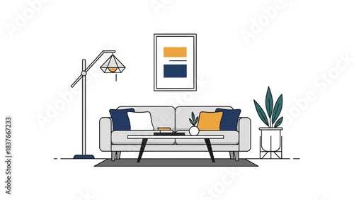 A modern living room featuring a sofa, coffee table, lamp, plant, and art, all in a simple, graphic style