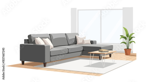 Modern interior features a gray sectional sofa, neutral rug, coffee table, potted plant, and large window