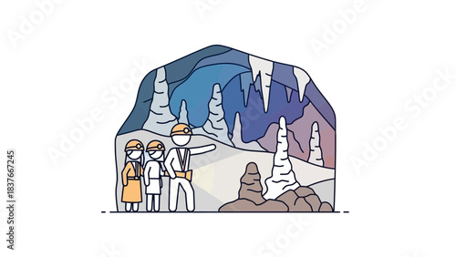 Illustration depicting a guided tour inside a cave featuring stalactites, stalagmites, and three cave explorers