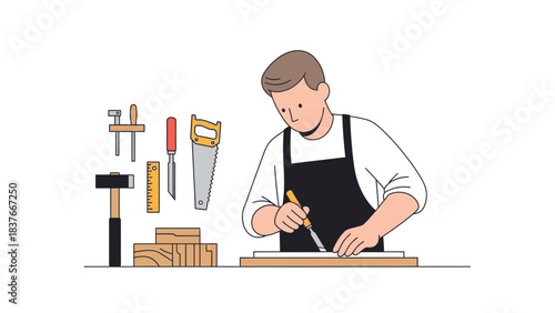 Illustrated woodworker with apron using a chisel, surrounded by tools on a table against a clean white background