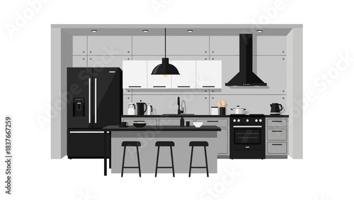 A modern kitchen, with a black refrigerator and fixtures against a gray wall