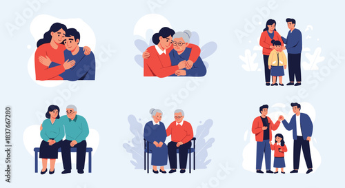 Collection of diverse family members showing love and support by hugging and comforting each other in various situations.