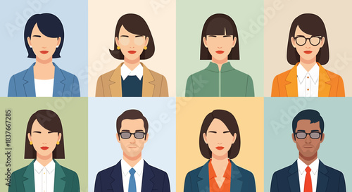 Flat vector avatars of diverse individuals representing a professional and diverse workforce