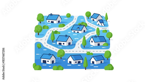 Cartoon neighborhood illustration with blue houses, green trees, and winding roads on a light blue background