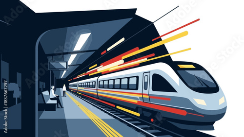 Modern train entering a station with seated passenger and standing figure, with speed lines suggesting rapid movement
