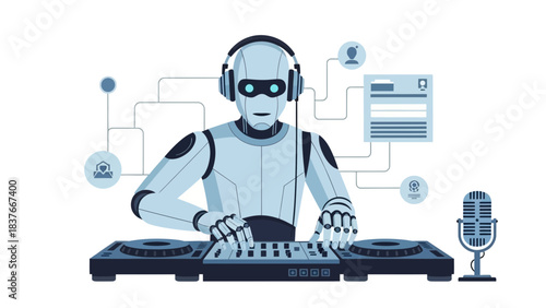 Flat illustration of a robot DJ mixing music with associated digital interface icons, microphone, light blue tones