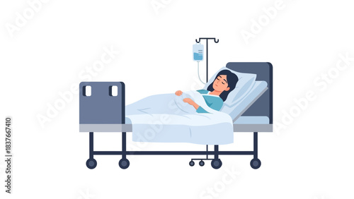 Cartoon of a woman lying in a hospital bed with an IV drip on a white background