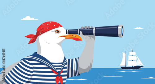 Funny cartoon sailor seagull wearing a striped shirt and bandana looking through a telescope at a distant ship on the sea.