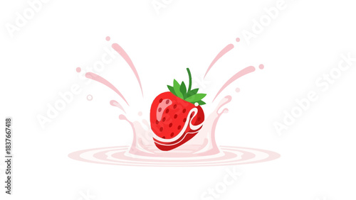 Cartoon of a strawberry falling into a pool of pink liquid, creating a splash on a white background