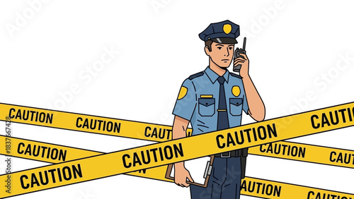 Cartoon of a police officer with caution tape, holding a walkie-talkie and a clipboard
