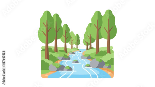 Flat illustration of a stream with trees and rocks, rendered in bright, cheerful colors on a white background