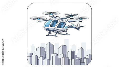 Multicopter air taxi flies above a cityscape, rendered in a simple, clean illustration style
