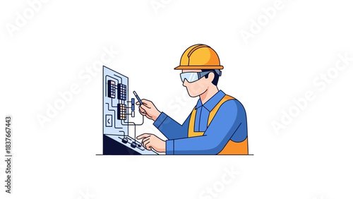 Cartoon of a worker wearing safety gear inspecting an electrical panel with a probe