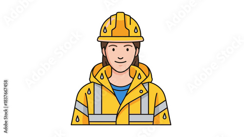 Cartoon of worker with a hard hat & safety jacket, light skin, facing forward on a white background, water droplets