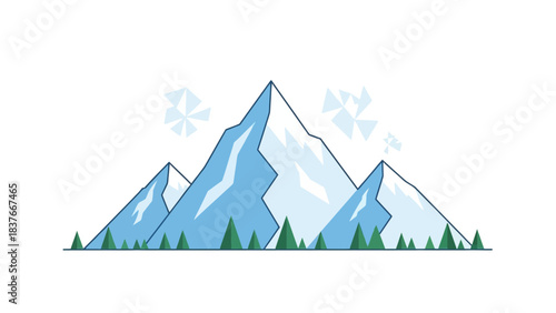 Flat illustration of jagged mountains with snow-capped peaks and evergreen trees, against a white background