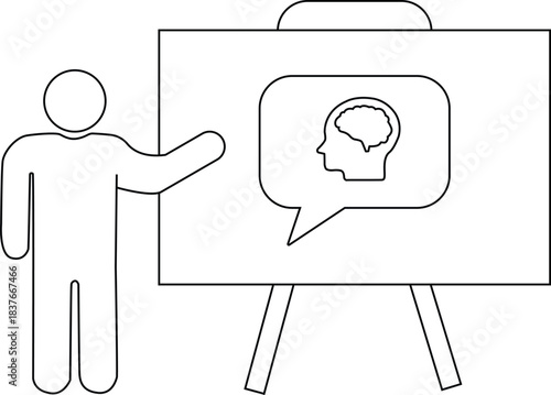 Outline drawing person points to easel with brain in speech bubble